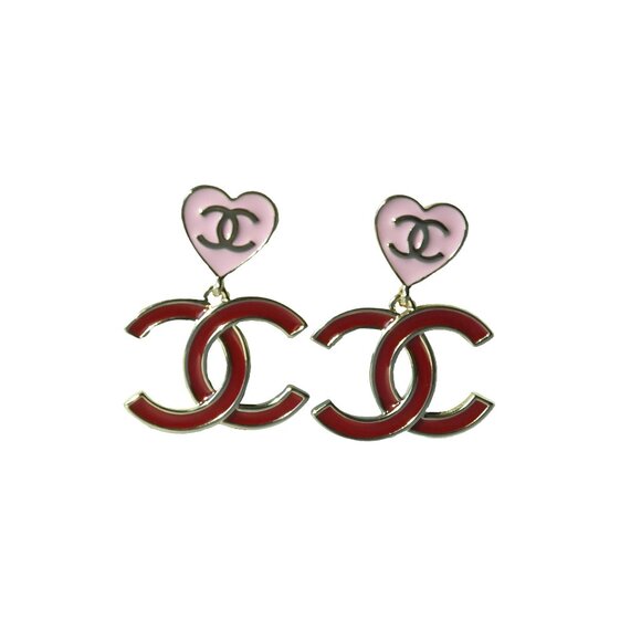 Chanel 24A Metal Enamel CC Heart Drop Earrings Gold Pink Red - Picture 1 of 1